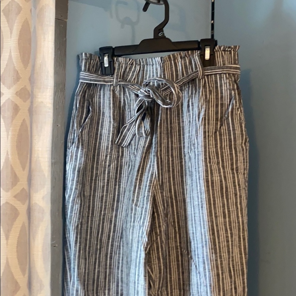 Grey and White Striped Pants with BowTie in Front